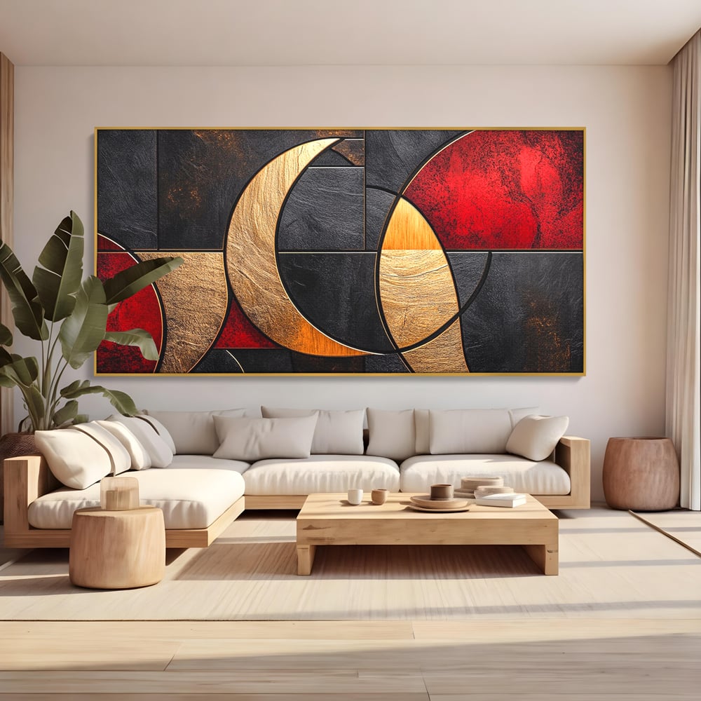 Tablou Canvas Premium, LuxCanva® C1307, Aurul Noptii, Geometrie, Culori, Abstract, Auriu, Cerc, Arc, Linii, Rosu, Asimetrie, Colectie, Galerie, Expresiv, Premium, Visare, Birou, Living, Dormitor