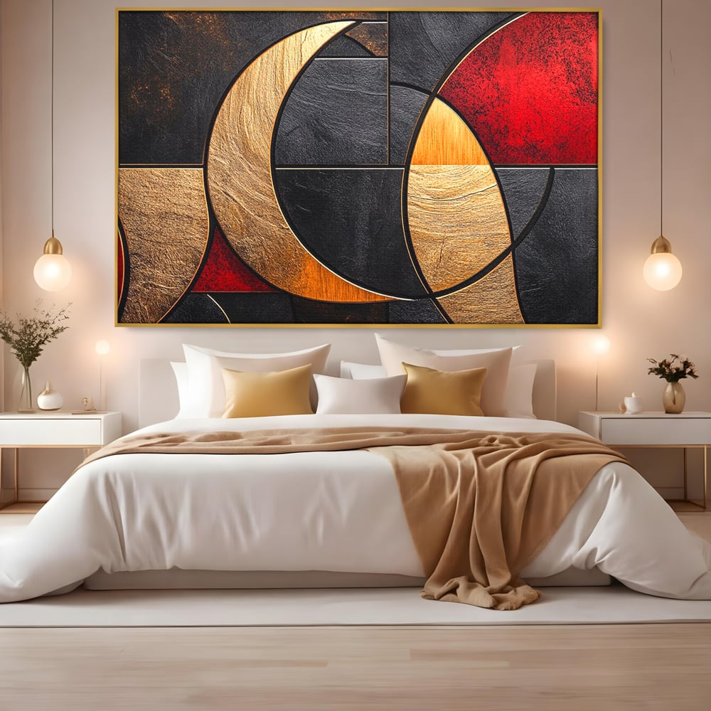 Tablou Canvas Premium, LuxCanva® C1307, Aurul Noptii, Geometrie, Culori, Abstract, Auriu, Cerc, Arc, Linii, Rosu, Asimetrie, Colectie, Galerie, Expresiv, Premium, Visare, Birou, Living, Dormitor