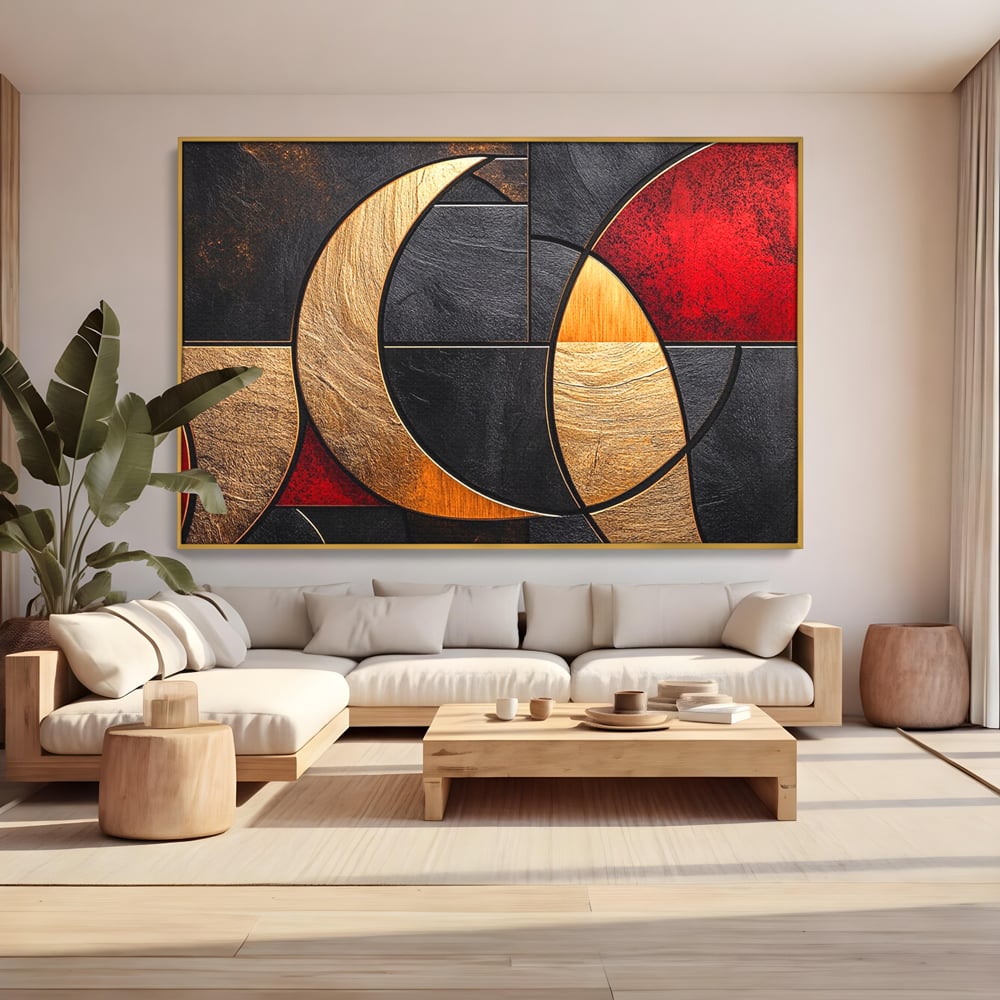 Tablou Canvas Premium, LuxCanva® C1307, Aurul Noptii, Geometrie, Culori, Abstract, Auriu, Cerc, Arc, Linii, Rosu, Asimetrie, Colectie, Galerie, Expresiv, Premium, Visare, Birou, Living, Dormitor