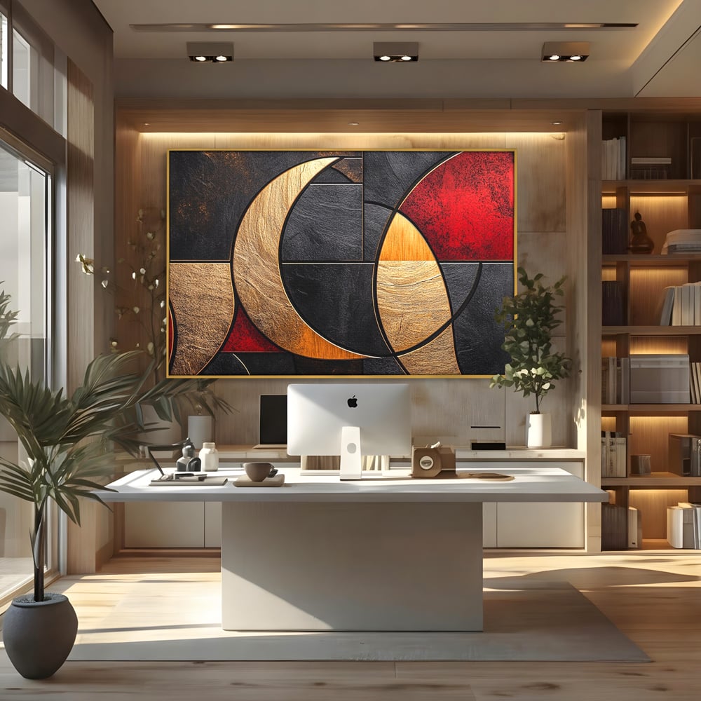 Tablou Canvas Premium, LuxCanva® C1307, Aurul Noptii, Geometrie, Culori, Abstract, Auriu, Cerc, Arc, Linii, Rosu, Asimetrie, Colectie, Galerie, Expresiv, Premium, Visare, Birou, Living, Dormitor