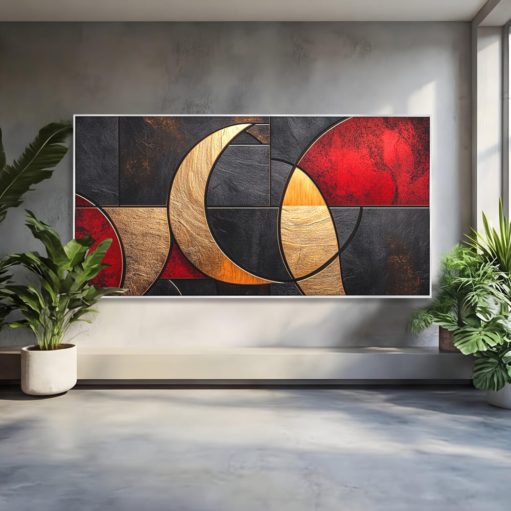 Tablou Canvas Premium, LuxCanva® C1307, Aurul Noptii, Geometrie, Culori, Abstract, Auriu, Cerc, Arc, Linii, Rosu, Asimetrie, Colectie, Galerie, Expresiv, Premium, Visare, Birou, Living, Dormitor
