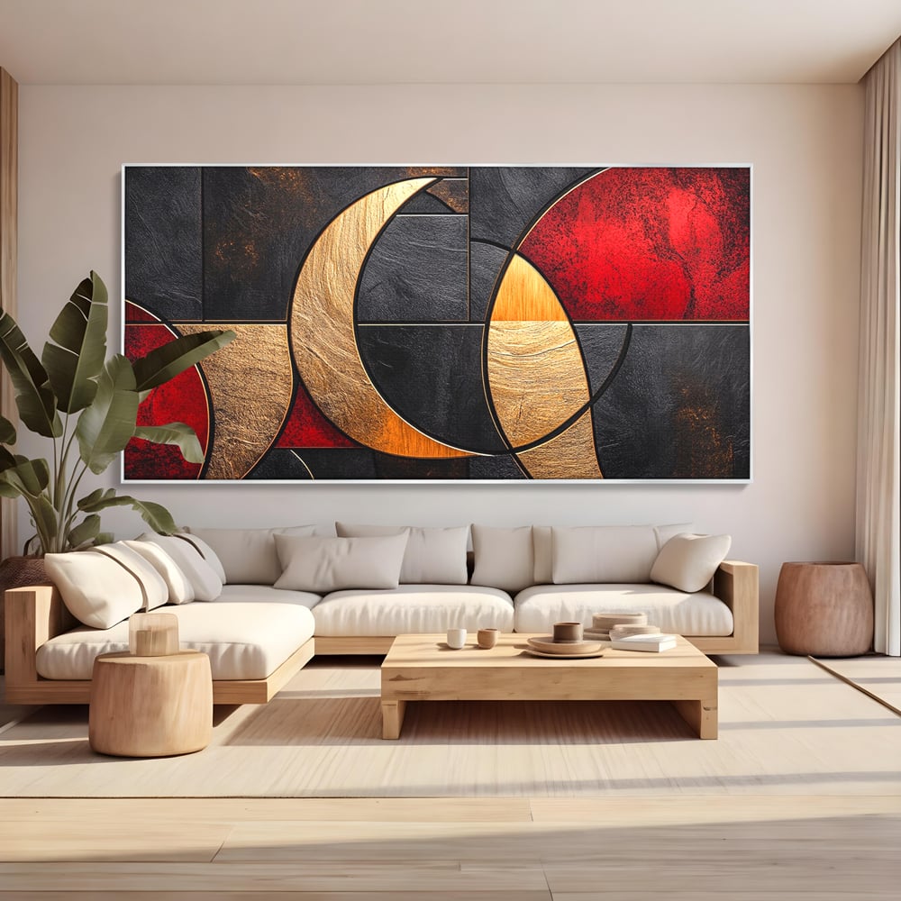 Tablou Canvas Premium, LuxCanva® C1307, Aurul Noptii, Geometrie, Culori, Abstract, Auriu, Cerc, Arc, Linii, Rosu, Asimetrie, Colectie, Galerie, Expresiv, Premium, Visare, Birou, Living, Dormitor