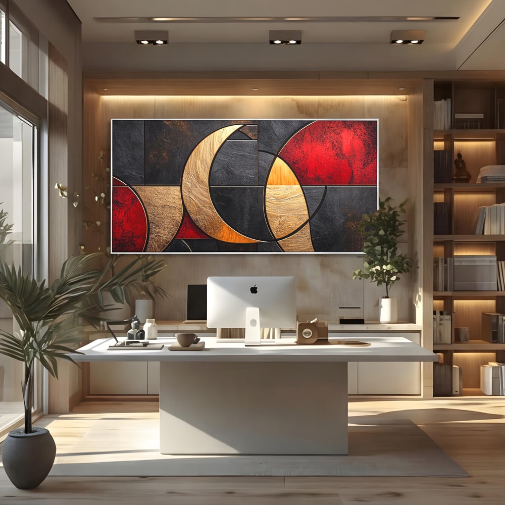 Tablou Canvas Premium, LuxCanva® C1307, Aurul Noptii, Geometrie, Culori, Abstract, Auriu, Cerc, Arc, Linii, Rosu, Asimetrie, Colectie, Galerie, Expresiv, Premium, Visare, Birou, Living, Dormitor