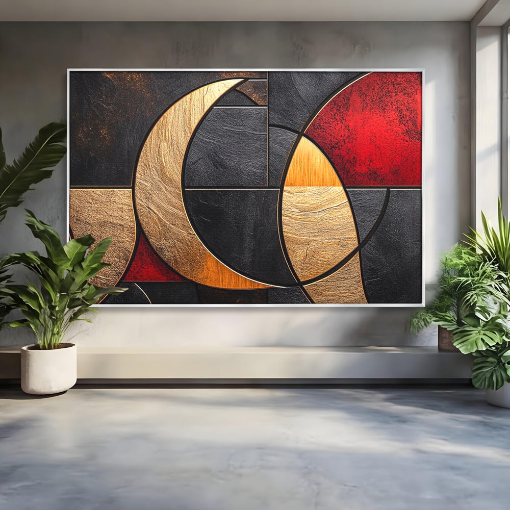 Tablou Canvas Premium, LuxCanva® C1307, Aurul Noptii, Geometrie, Culori, Abstract, Auriu, Cerc, Arc, Linii, Rosu, Asimetrie, Colectie, Galerie, Expresiv, Premium, Visare, Birou, Living, Dormitor