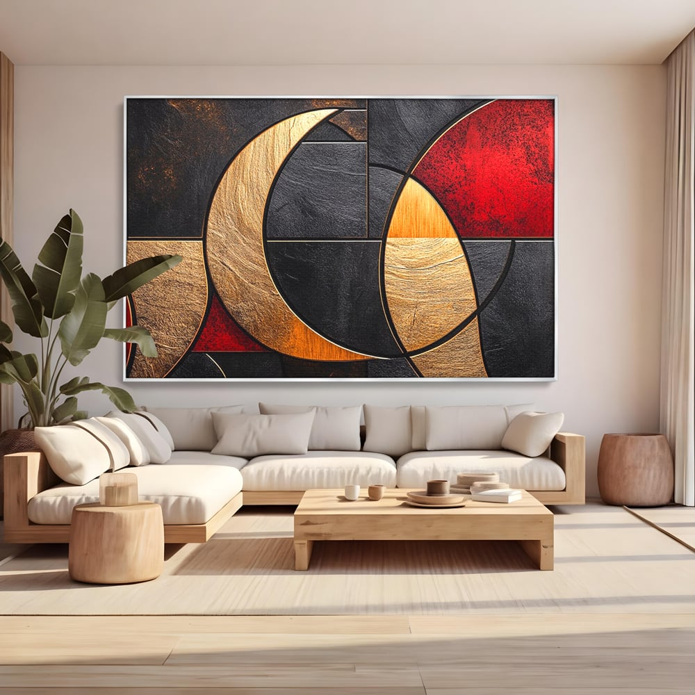 Tablou Canvas Premium, LuxCanva® C1307, Aurul Noptii, Geometrie, Culori, Abstract, Auriu, Cerc, Arc, Linii, Rosu, Asimetrie, Colectie, Galerie, Expresiv, Premium, Visare, Birou, Living, Dormitor