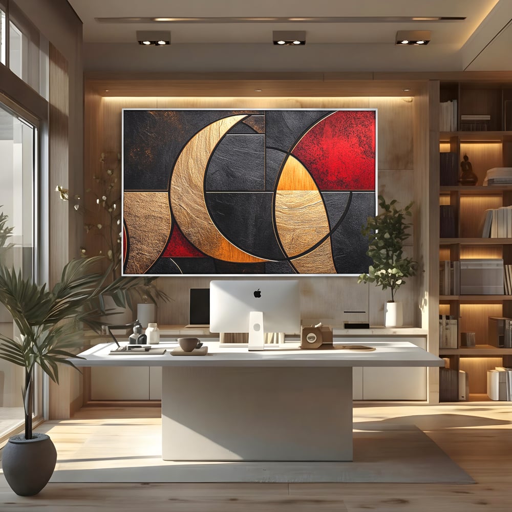 Tablou Canvas Premium, LuxCanva® C1307, Aurul Noptii, Geometrie, Culori, Abstract, Auriu, Cerc, Arc, Linii, Rosu, Asimetrie, Colectie, Galerie, Expresiv, Premium, Visare, Birou, Living, Dormitor