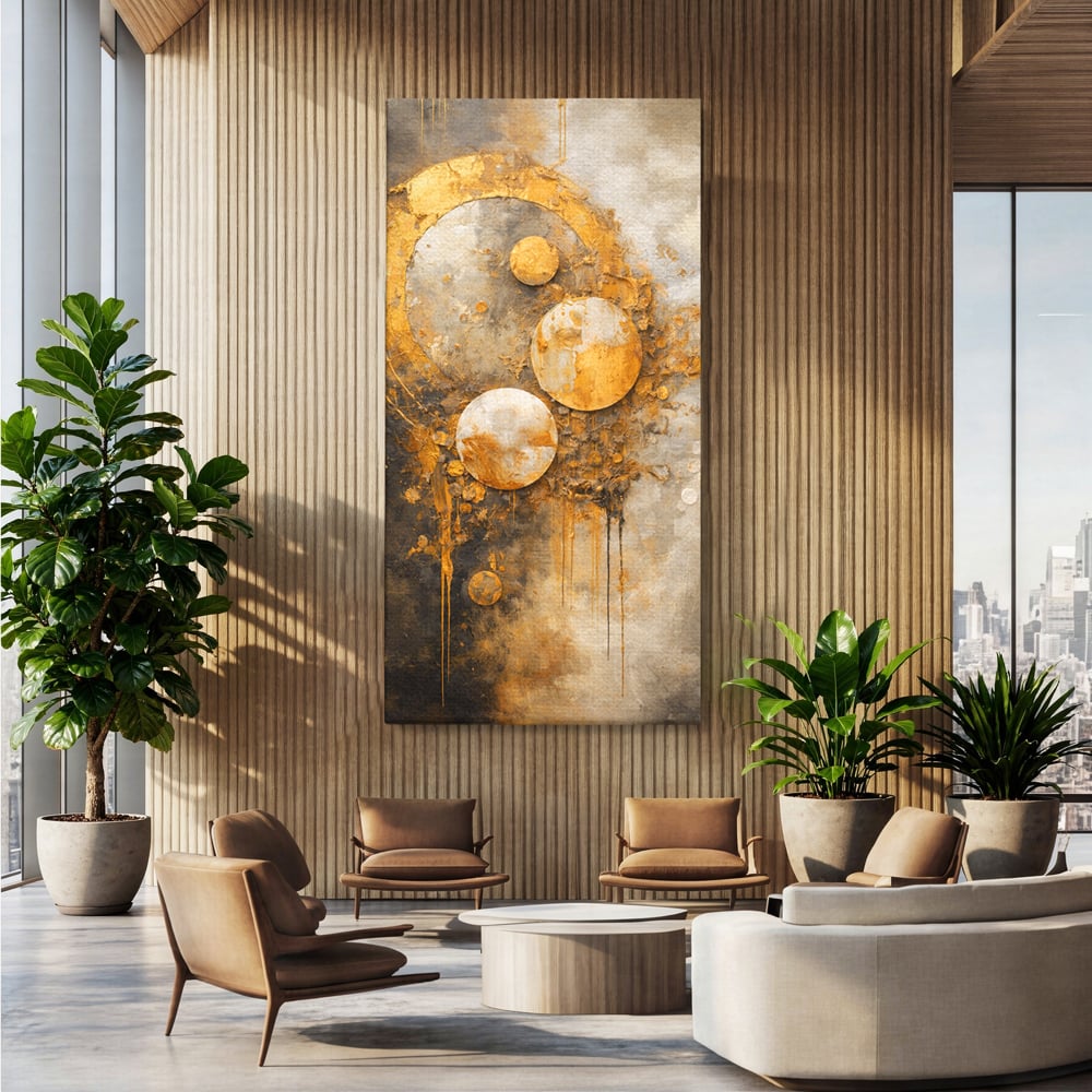 Tablou Canvas Premium, LuxCanva® C1309, Ordinea Nevazuta, Geometrie, Culori, Abstract, Auriu, Cosmos, Materie, Spiritualitate, Sacru, Lumina, Energie, Circular, Compozitie, Birou, Living, Dormitor