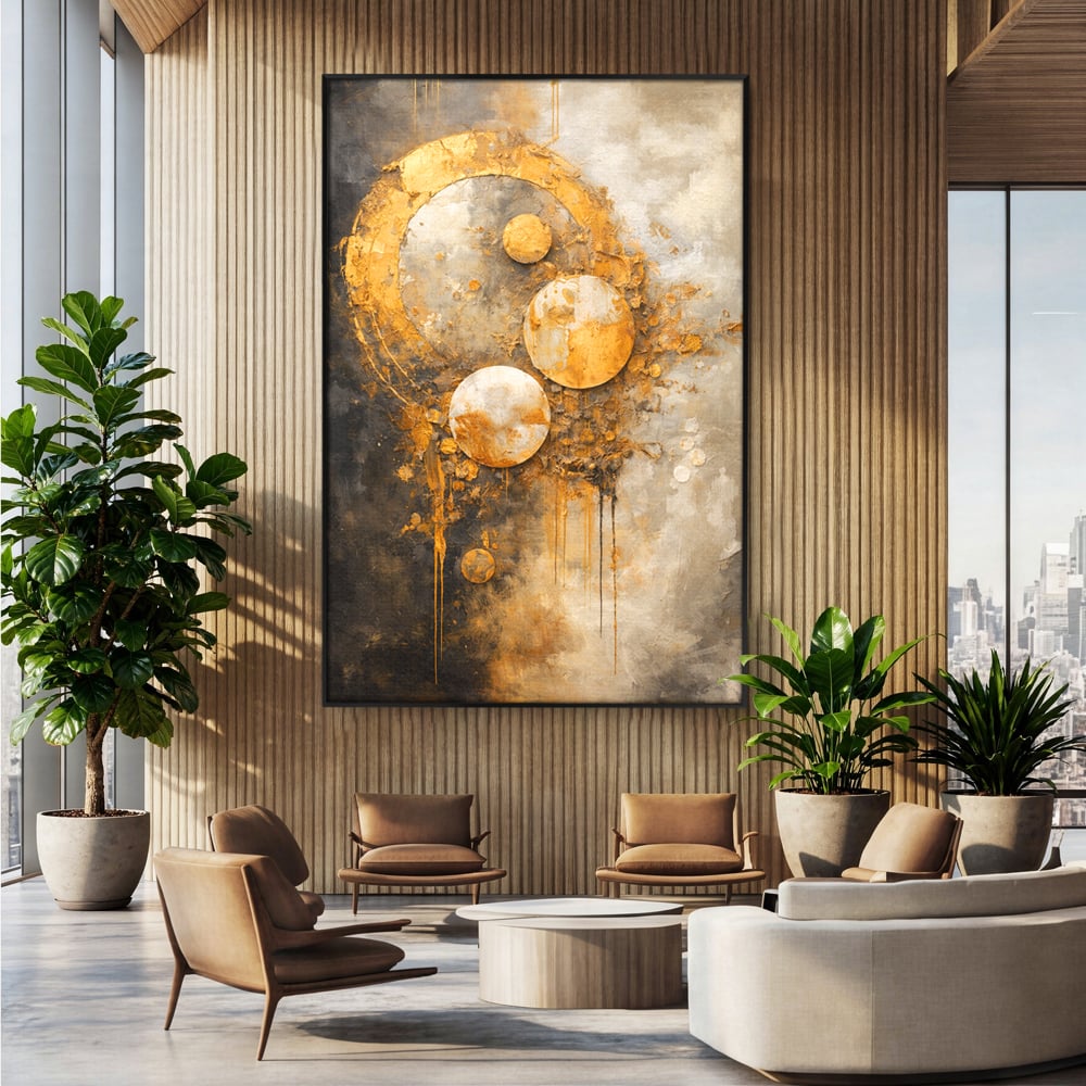 Tablou Canvas Premium, LuxCanva® C1309, Ordinea Nevazuta, Geometrie, Culori, Abstract, Auriu, Cosmos, Materie, Spiritualitate, Sacru, Lumina, Energie, Circular, Compozitie, Birou, Living, Dormitor