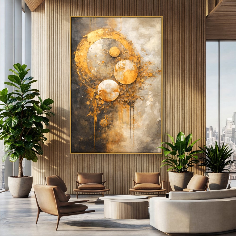 Tablou Canvas Premium, LuxCanva® C1309, Ordinea Nevazuta, Geometrie, Culori, Abstract, Auriu, Cosmos, Materie, Spiritualitate, Sacru, Lumina, Energie, Circular, Compozitie, Birou, Living, Dormitor