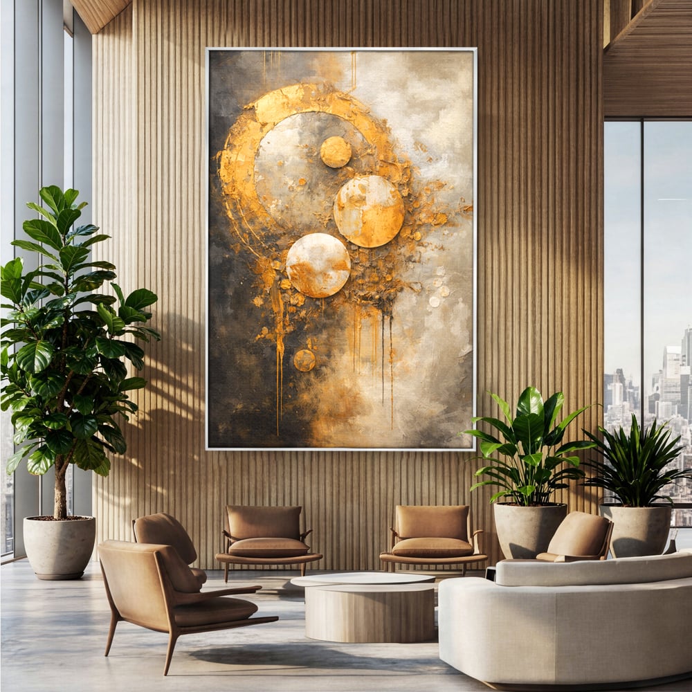 Tablou Canvas Premium, LuxCanva® C1309, Ordinea Nevazuta, Geometrie, Culori, Abstract, Auriu, Cosmos, Materie, Spiritualitate, Sacru, Lumina, Energie, Circular, Compozitie, Birou, Living, Dormitor
