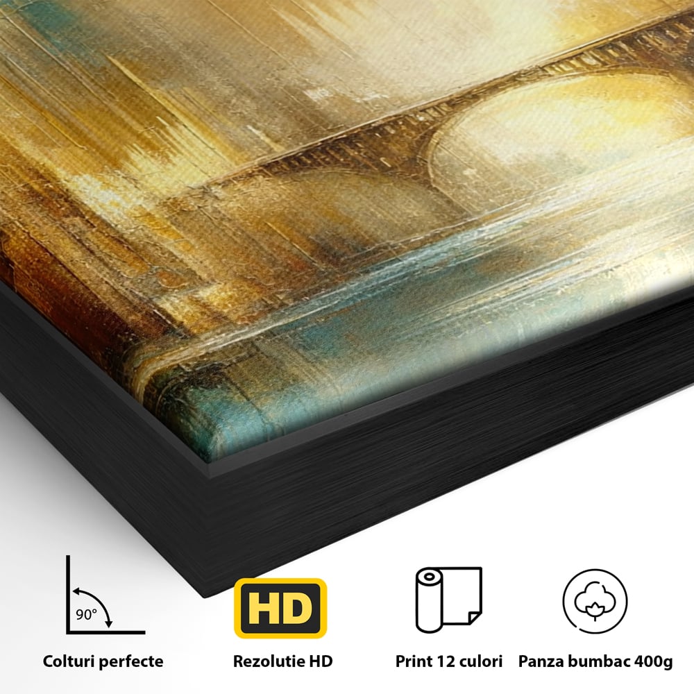 Tablou Canvas Premium, LuxCanva® C1310, Respiratia Zorilor, Culori, Abstract, Auriu, Pod, Trecere, Oras, Plimbare, Romantism, Dimineata, Lumina, Reflexie, Aur, Punte, Birou, Living, Dormitor