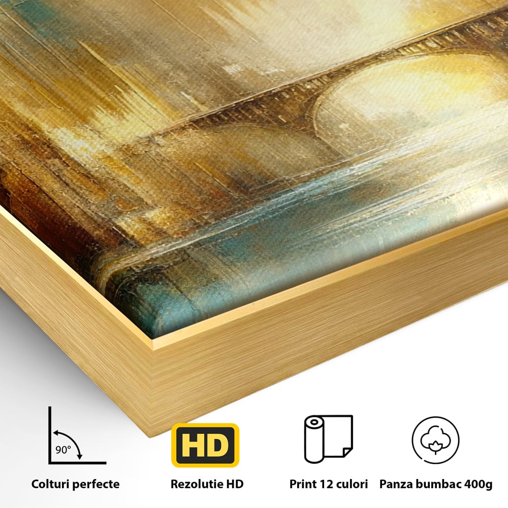 Tablou Canvas Premium, LuxCanva® C1310, Respiratia Zorilor, Culori, Abstract, Auriu, Pod, Trecere, Oras, Plimbare, Romantism, Dimineata, Lumina, Reflexie, Aur, Punte, Birou, Living, Dormitor