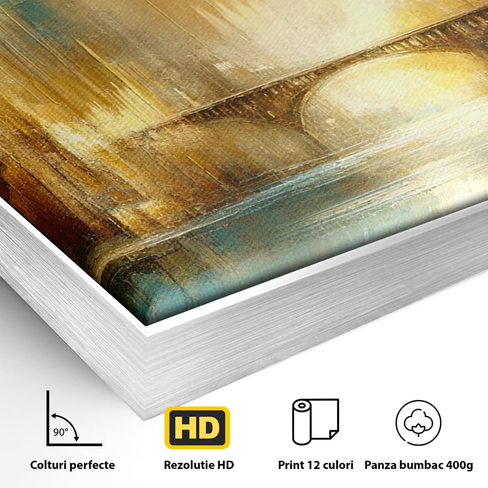 Tablou Canvas Premium, LuxCanva® C1310, Respiratia Zorilor, Culori, Abstract, Auriu, Pod, Trecere, Oras, Plimbare, Romantism, Dimineata, Lumina, Reflexie, Aur, Punte, Birou, Living, Dormitor