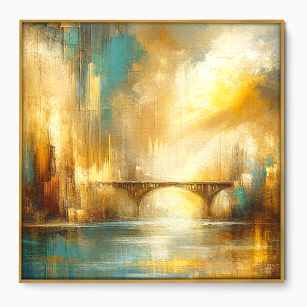 Tablou Canvas Premium, LuxCanva® C1310, Respiratia Zorilor, Culori, Abstract, Auriu, Pod, Trecere, Oras, Plimbare, Romantism, Dimineata, Lumina, Reflexie, Aur, Punte, Birou, Living, Dormitor