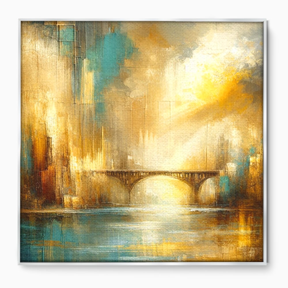 Tablou Canvas Premium, LuxCanva® C1310, Respiratia Zorilor, Culori, Abstract, Auriu, Pod, Trecere, Oras, Plimbare, Romantism, Dimineata, Lumina, Reflexie, Aur, Punte, Birou, Living, Dormitor