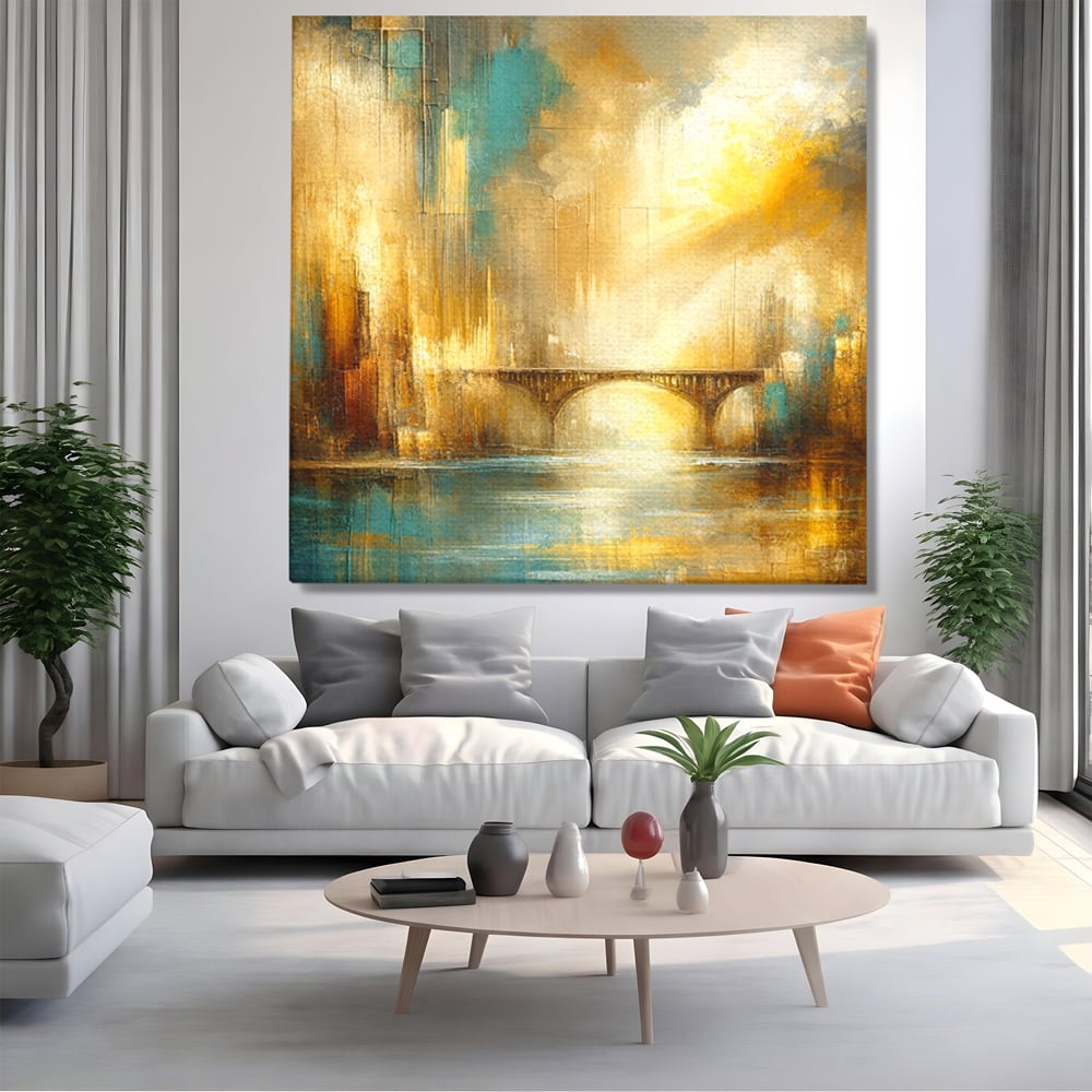 Tablou Canvas Premium, LuxCanva® C1310, Respiratia Zorilor, Culori, Abstract, Auriu, Pod, Trecere, Oras, Plimbare, Romantism, Dimineata, Lumina, Reflexie, Aur, Punte, Birou, Living, Dormitor