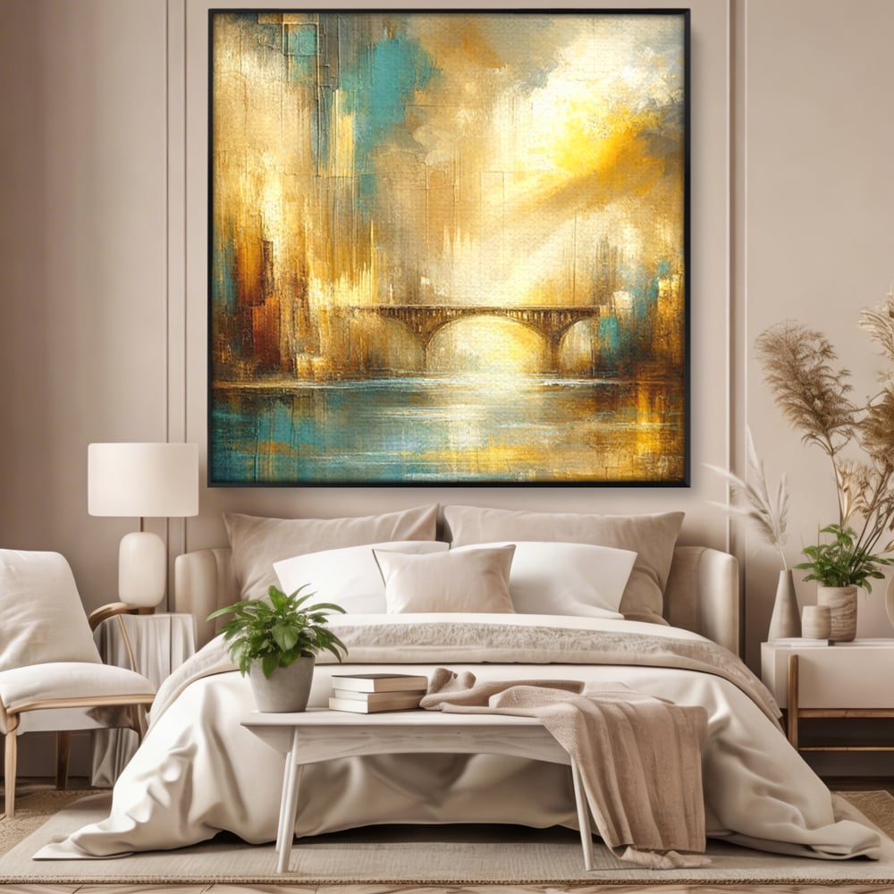 Tablou Canvas Premium, LuxCanva® C1310, Respiratia Zorilor, Culori, Abstract, Auriu, Pod, Trecere, Oras, Plimbare, Romantism, Dimineata, Lumina, Reflexie, Aur, Punte, Birou, Living, Dormitor