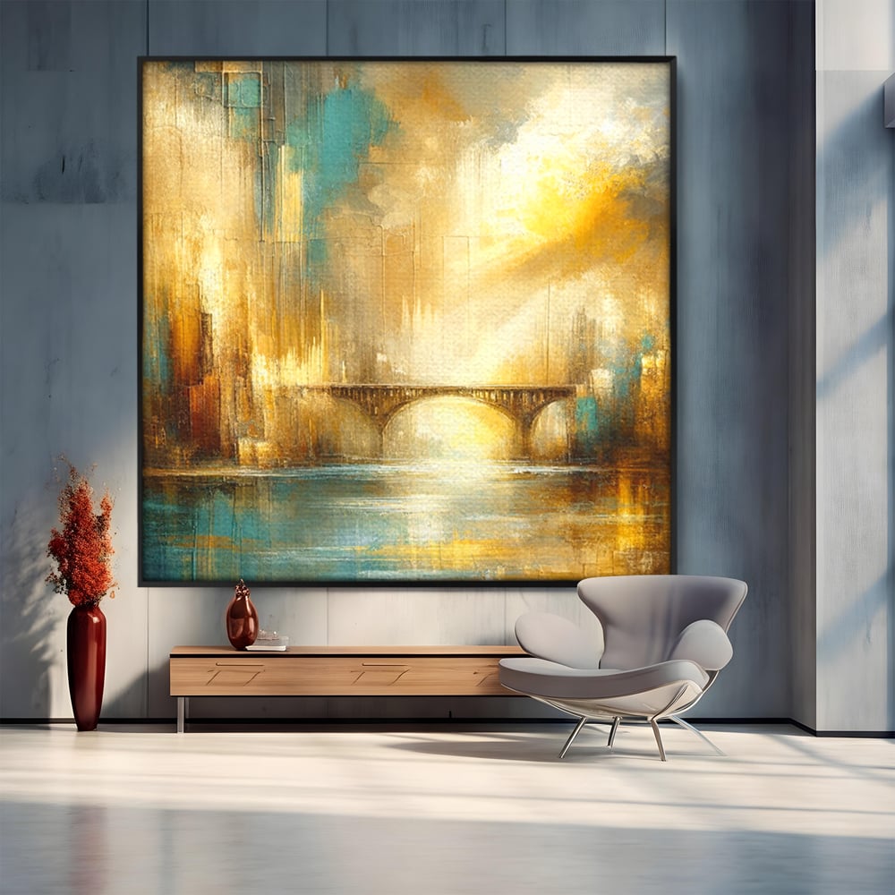 Tablou Canvas Premium, LuxCanva® C1310, Respiratia Zorilor, Culori, Abstract, Auriu, Pod, Trecere, Oras, Plimbare, Romantism, Dimineata, Lumina, Reflexie, Aur, Punte, Birou, Living, Dormitor
