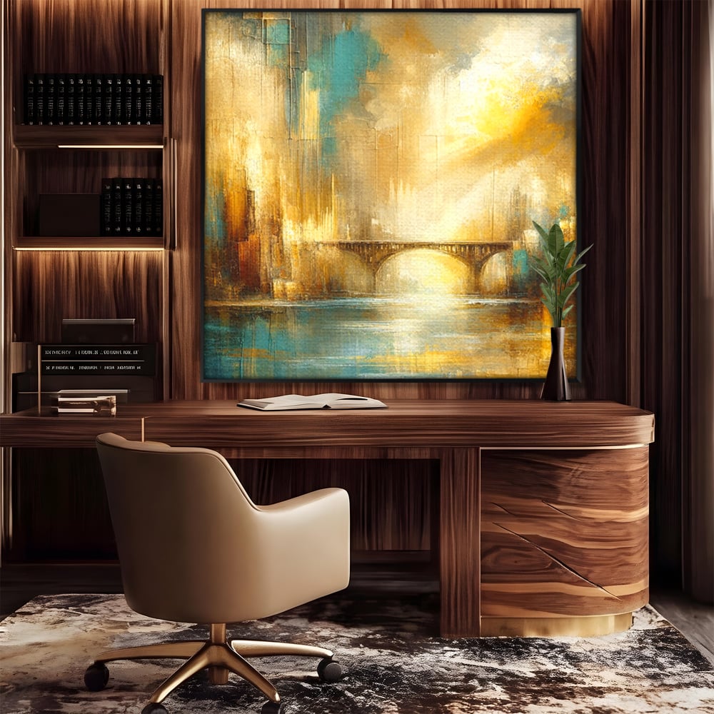 Tablou Canvas Premium, LuxCanva® C1310, Respiratia Zorilor, Culori, Abstract, Auriu, Pod, Trecere, Oras, Plimbare, Romantism, Dimineata, Lumina, Reflexie, Aur, Punte, Birou, Living, Dormitor