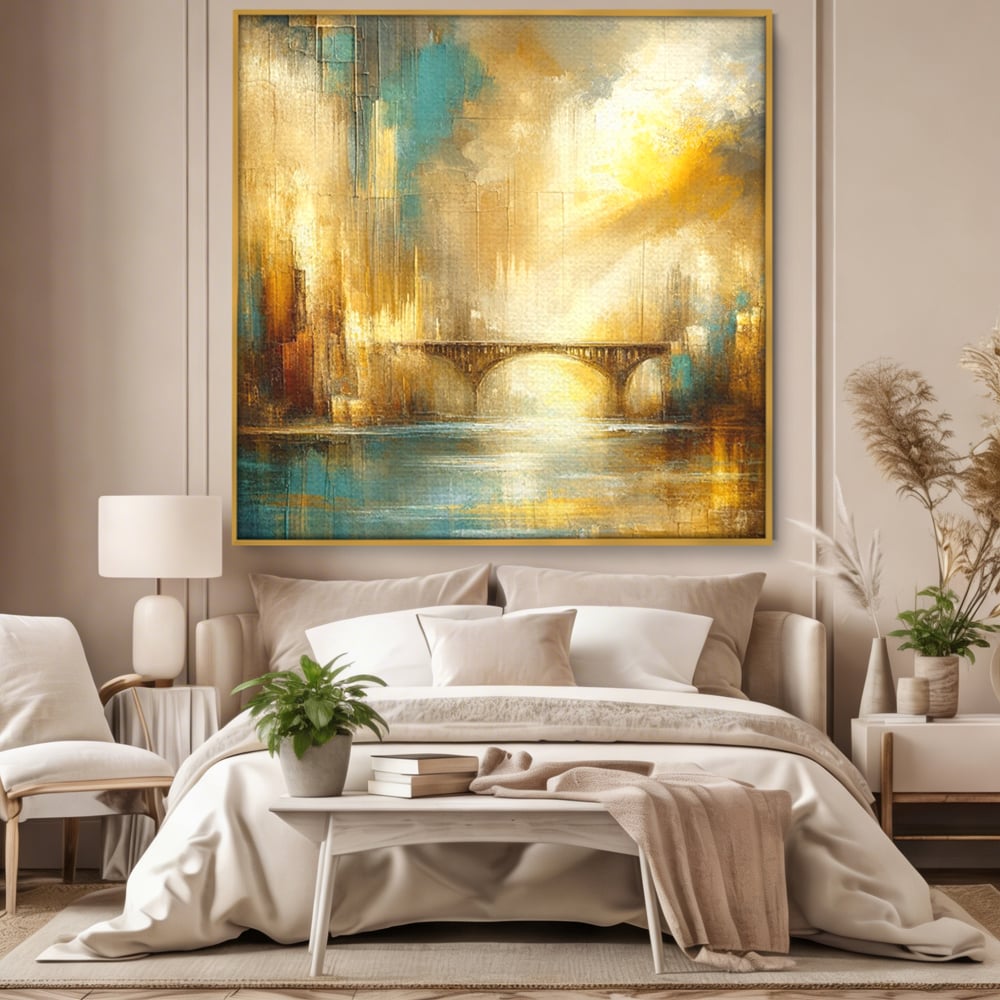 Tablou Canvas Premium, LuxCanva® C1310, Respiratia Zorilor, Culori, Abstract, Auriu, Pod, Trecere, Oras, Plimbare, Romantism, Dimineata, Lumina, Reflexie, Aur, Punte, Birou, Living, Dormitor
