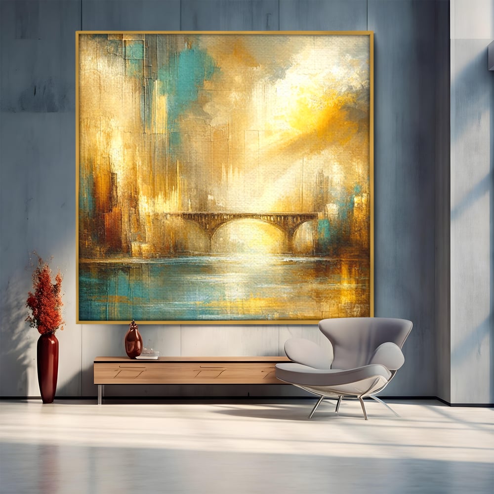 Tablou Canvas Premium, LuxCanva® C1310, Respiratia Zorilor, Culori, Abstract, Auriu, Pod, Trecere, Oras, Plimbare, Romantism, Dimineata, Lumina, Reflexie, Aur, Punte, Birou, Living, Dormitor