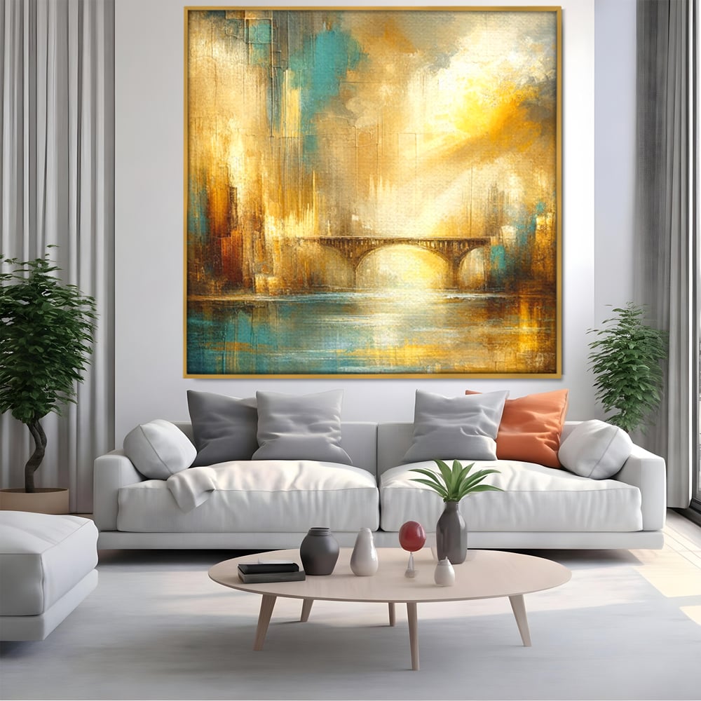 Tablou Canvas Premium, LuxCanva® C1310, Respiratia Zorilor, Culori, Abstract, Auriu, Pod, Trecere, Oras, Plimbare, Romantism, Dimineata, Lumina, Reflexie, Aur, Punte, Birou, Living, Dormitor