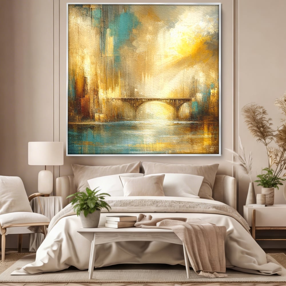 Tablou Canvas Premium, LuxCanva® C1310, Respiratia Zorilor, Culori, Abstract, Auriu, Pod, Trecere, Oras, Plimbare, Romantism, Dimineata, Lumina, Reflexie, Aur, Punte, Birou, Living, Dormitor