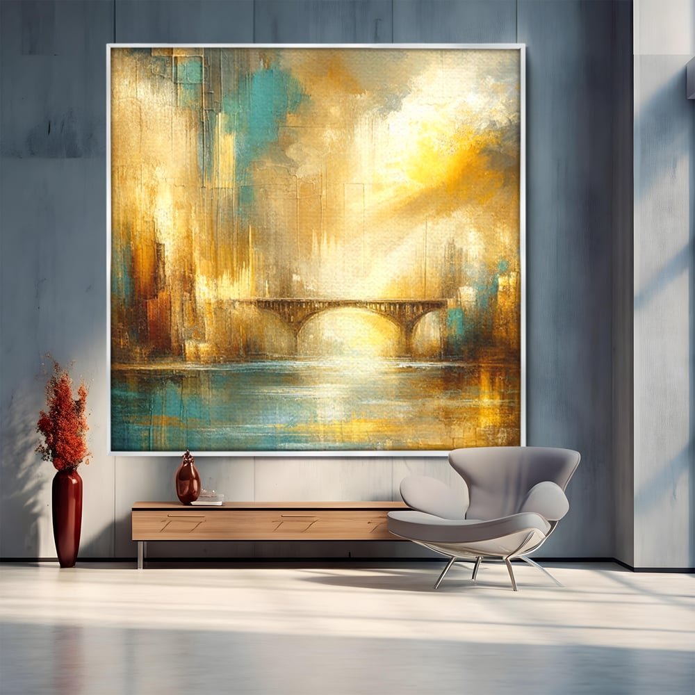 Tablou Canvas Premium, LuxCanva® C1310, Respiratia Zorilor, Culori, Abstract, Auriu, Pod, Trecere, Oras, Plimbare, Romantism, Dimineata, Lumina, Reflexie, Aur, Punte, Birou, Living, Dormitor