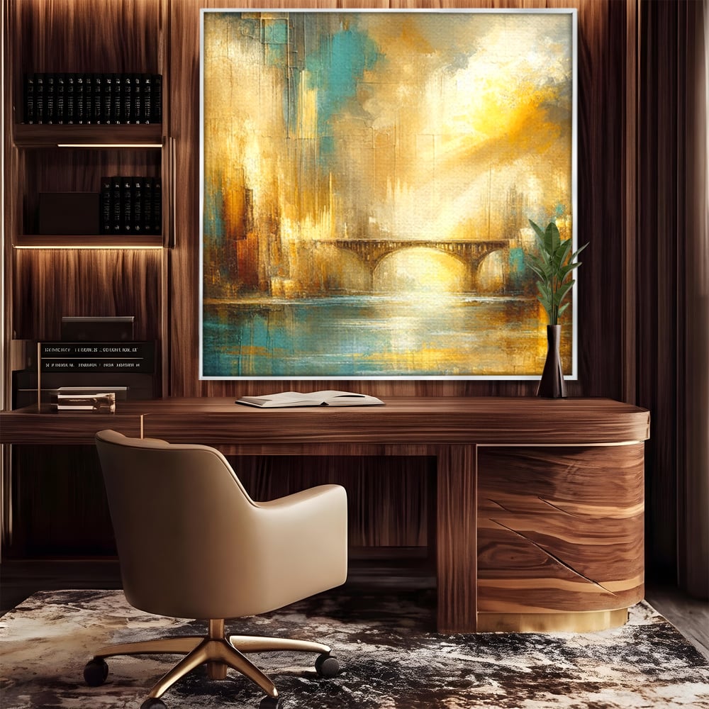 Tablou Canvas Premium, LuxCanva® C1310, Respiratia Zorilor, Culori, Abstract, Auriu, Pod, Trecere, Oras, Plimbare, Romantism, Dimineata, Lumina, Reflexie, Aur, Punte, Birou, Living, Dormitor