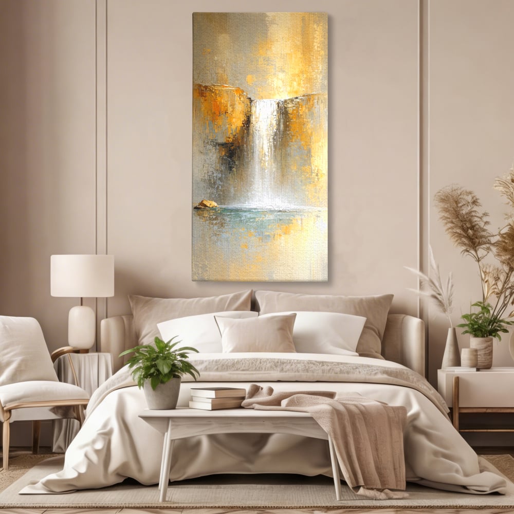 Tablou Canvas Premium, LuxCanva® C1311, Rugaciunea Apei, Culori, Abstract, Auriu, Cadere, Curgere, Cascada, Gold, Purificare, Ritual, Energie, Natura, Contemplare, Visare, Birou, Living, Dormitor