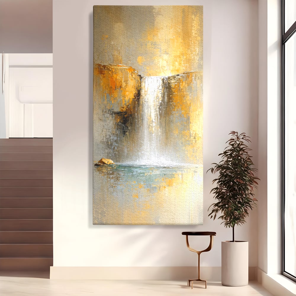 Tablou Canvas Premium, LuxCanva® C1311, Rugaciunea Apei, Culori, Abstract, Auriu, Cadere, Curgere, Cascada, Gold, Purificare, Ritual, Energie, Natura, Contemplare, Visare, Birou, Living, Dormitor