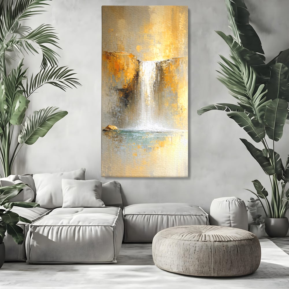 Tablou Canvas Premium, LuxCanva® C1311, Rugaciunea Apei, Culori, Abstract, Auriu, Cadere, Curgere, Cascada, Gold, Purificare, Ritual, Energie, Natura, Contemplare, Visare, Birou, Living, Dormitor