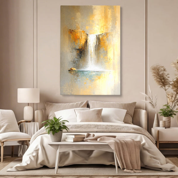 Tablou Canvas Premium, LuxCanva® C1311, Rugaciunea Apei, Culori, Abstract, Auriu, Cadere, Curgere, Cascada, Gold, Purificare, Ritual, Energie, Natura, Contemplare, Visare, Birou, Living, Dormitor