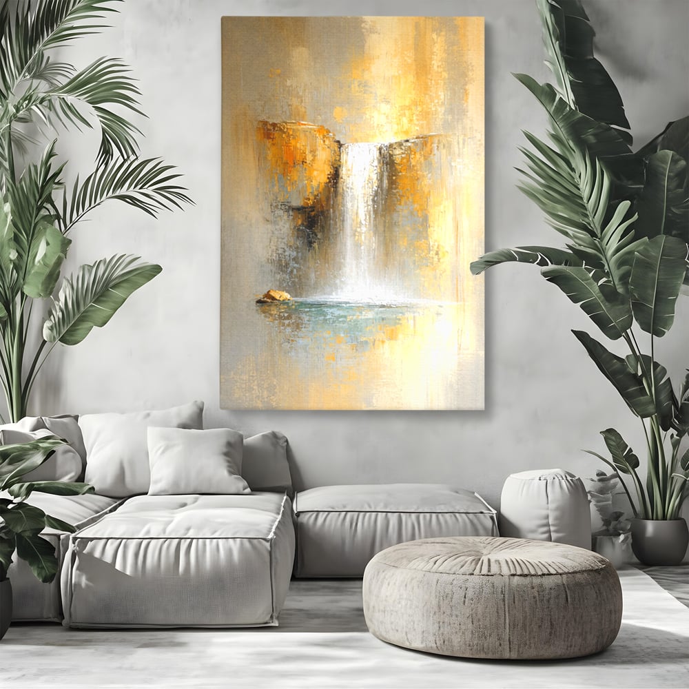 Tablou Canvas Premium, LuxCanva® C1311, Rugaciunea Apei, Culori, Abstract, Auriu, Cadere, Curgere, Cascada, Gold, Purificare, Ritual, Energie, Natura, Contemplare, Visare, Birou, Living, Dormitor