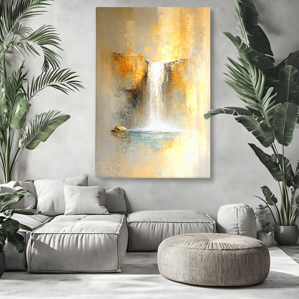 Tablou Canvas Premium, LuxCanva® C1311, Rugaciunea Apei, Culori, Abstract, Auriu, Cadere, Curgere, Cascada, Gold, Purificare, Ritual, Energie, Natura, Contemplare, Visare, Birou, Living, Dormitor