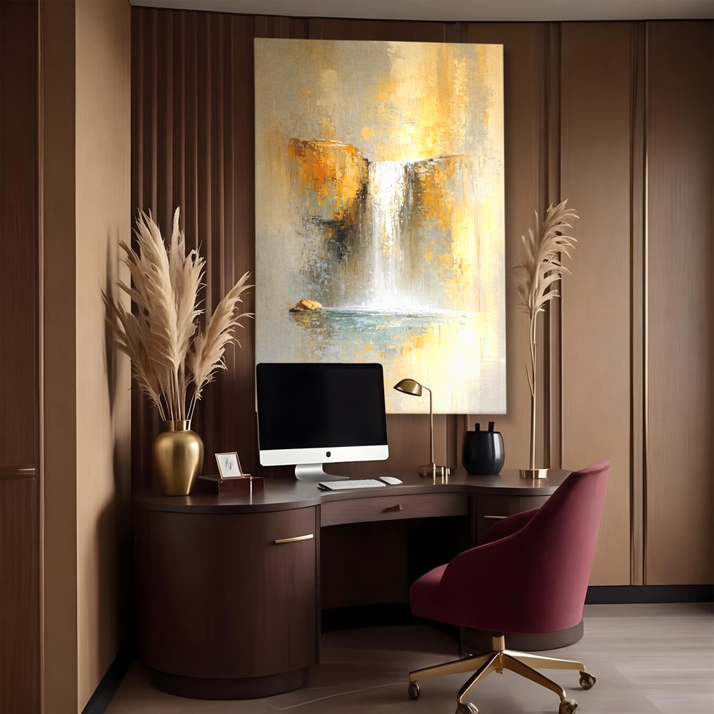 Tablou Canvas Premium, LuxCanva® C1311, Rugaciunea Apei, Culori, Abstract, Auriu, Cadere, Curgere, Cascada, Gold, Purificare, Ritual, Energie, Natura, Contemplare, Visare, Birou, Living, Dormitor