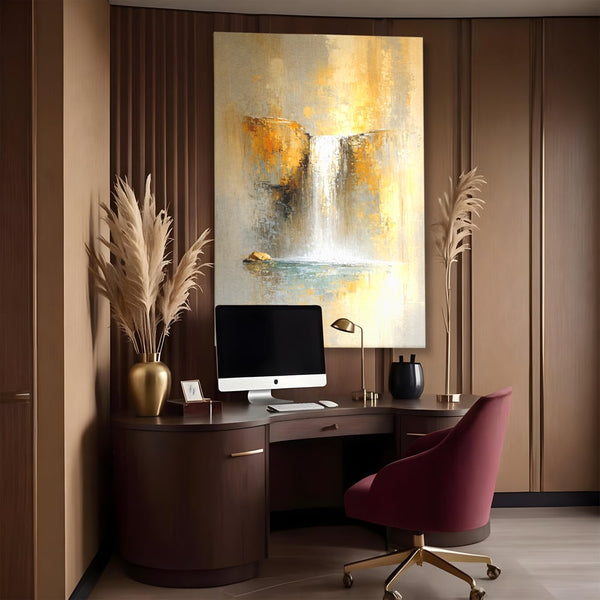 Tablou Canvas Premium, LuxCanva® C1311, Rugaciunea Apei, Culori, Abstract, Auriu, Cadere, Curgere, Cascada, Gold, Purificare, Ritual, Energie, Natura, Contemplare, Visare, Birou, Living, Dormitor