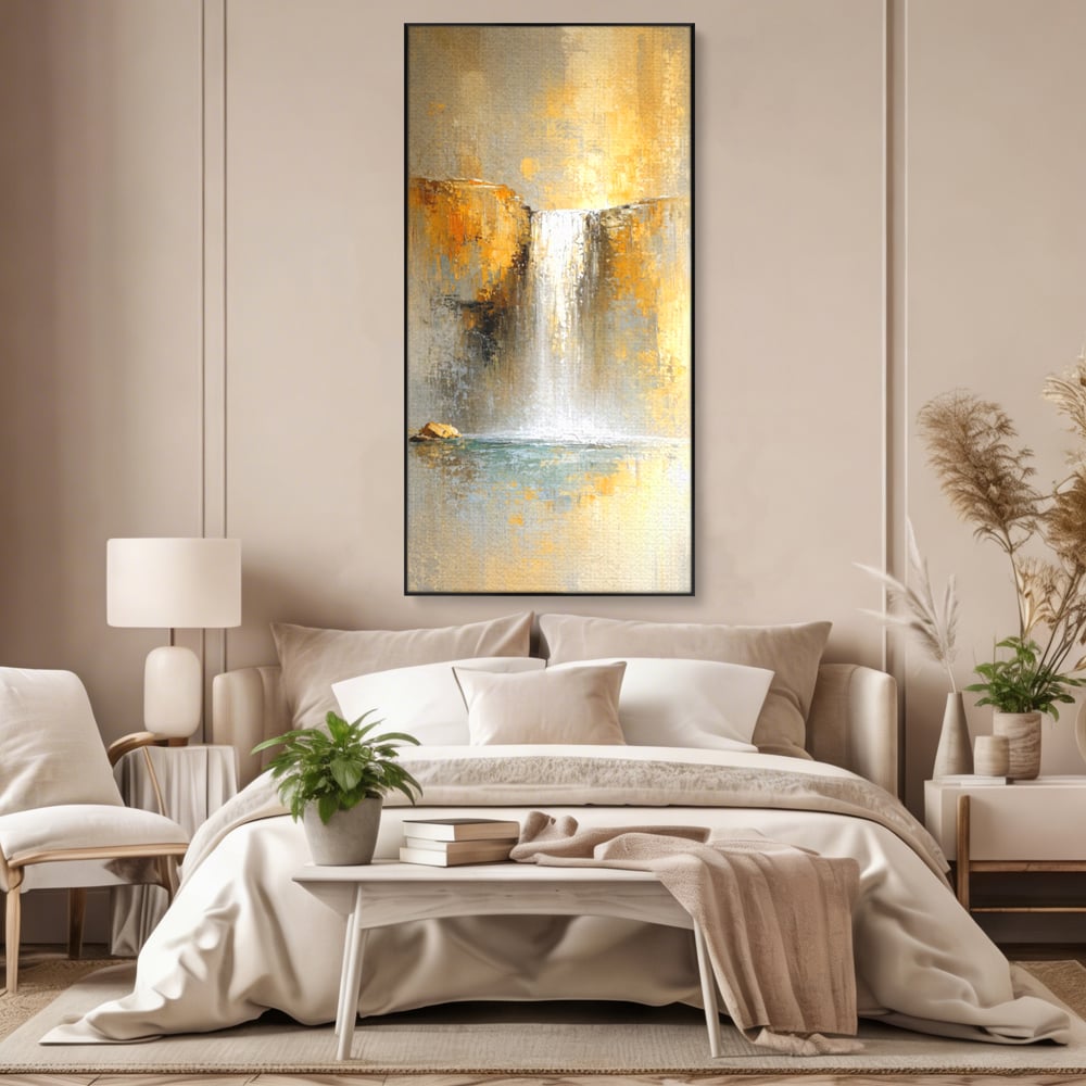 Tablou Canvas Premium, LuxCanva® C1311, Rugaciunea Apei, Culori, Abstract, Auriu, Cadere, Curgere, Cascada, Gold, Purificare, Ritual, Energie, Natura, Contemplare, Visare, Birou, Living, Dormitor