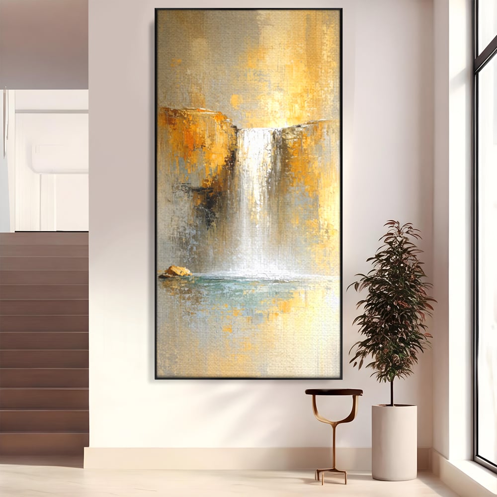 Tablou Canvas Premium, LuxCanva® C1311, Rugaciunea Apei, Culori, Abstract, Auriu, Cadere, Curgere, Cascada, Gold, Purificare, Ritual, Energie, Natura, Contemplare, Visare, Birou, Living, Dormitor