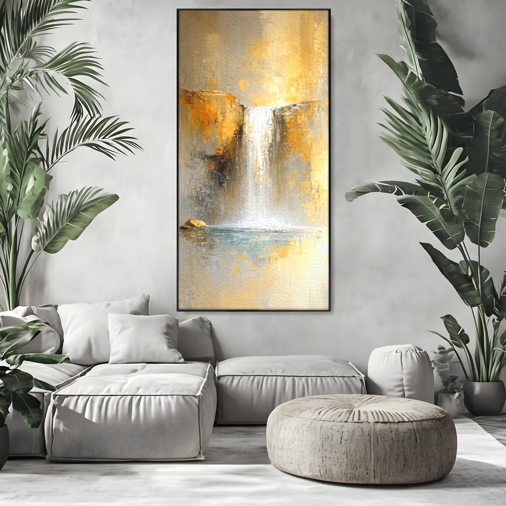 Tablou Canvas Premium, LuxCanva® C1311, Rugaciunea Apei, Culori, Abstract, Auriu, Cadere, Curgere, Cascada, Gold, Purificare, Ritual, Energie, Natura, Contemplare, Visare, Birou, Living, Dormitor