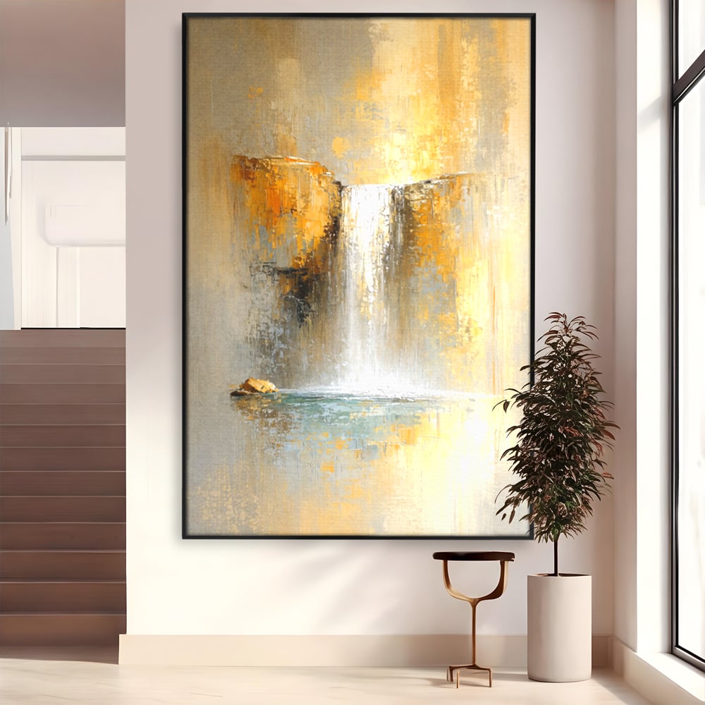 Tablou Canvas Premium, LuxCanva® C1311, Rugaciunea Apei, Culori, Abstract, Auriu, Cadere, Curgere, Cascada, Gold, Purificare, Ritual, Energie, Natura, Contemplare, Visare, Birou, Living, Dormitor