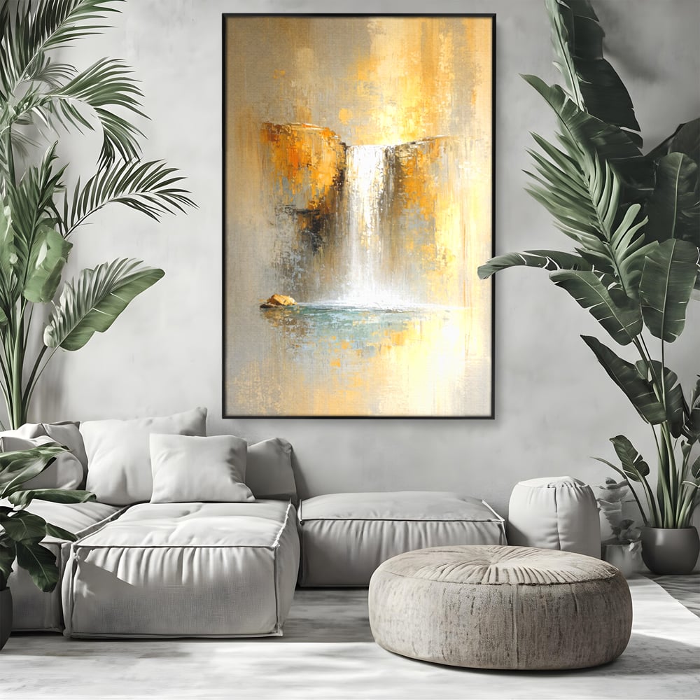 Tablou Canvas Premium, LuxCanva® C1311, Rugaciunea Apei, Culori, Abstract, Auriu, Cadere, Curgere, Cascada, Gold, Purificare, Ritual, Energie, Natura, Contemplare, Visare, Birou, Living, Dormitor