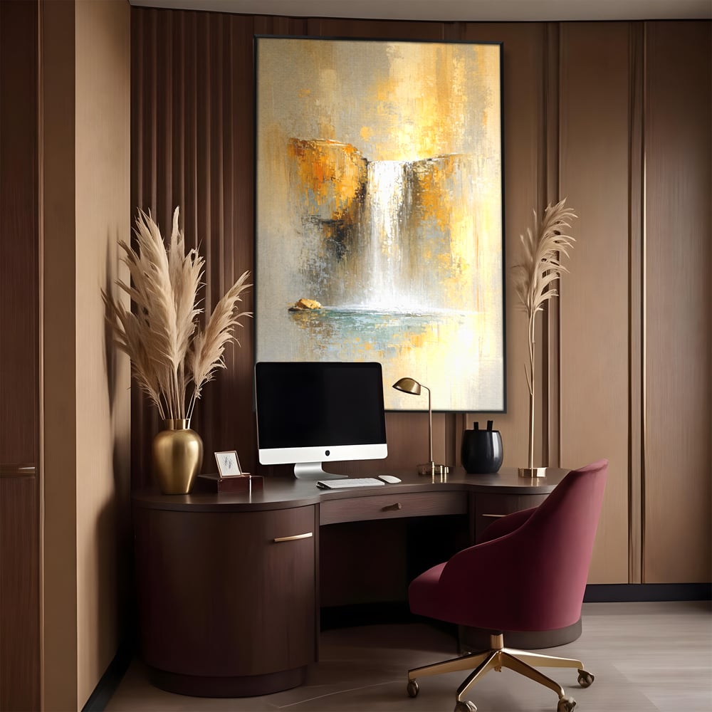 Tablou Canvas Premium, LuxCanva® C1311, Rugaciunea Apei, Culori, Abstract, Auriu, Cadere, Curgere, Cascada, Gold, Purificare, Ritual, Energie, Natura, Contemplare, Visare, Birou, Living, Dormitor