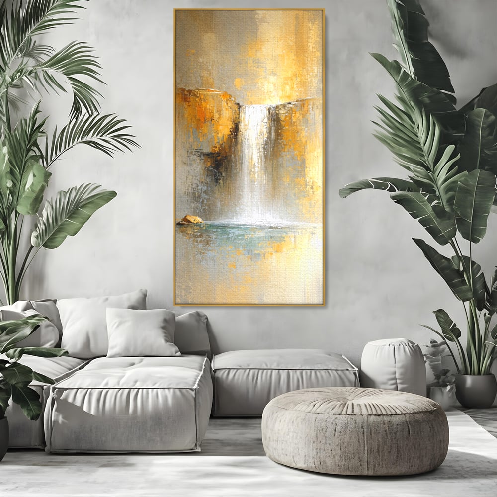 Tablou Canvas Premium, LuxCanva® C1311, Rugaciunea Apei, Culori, Abstract, Auriu, Cadere, Curgere, Cascada, Gold, Purificare, Ritual, Energie, Natura, Contemplare, Visare, Birou, Living, Dormitor