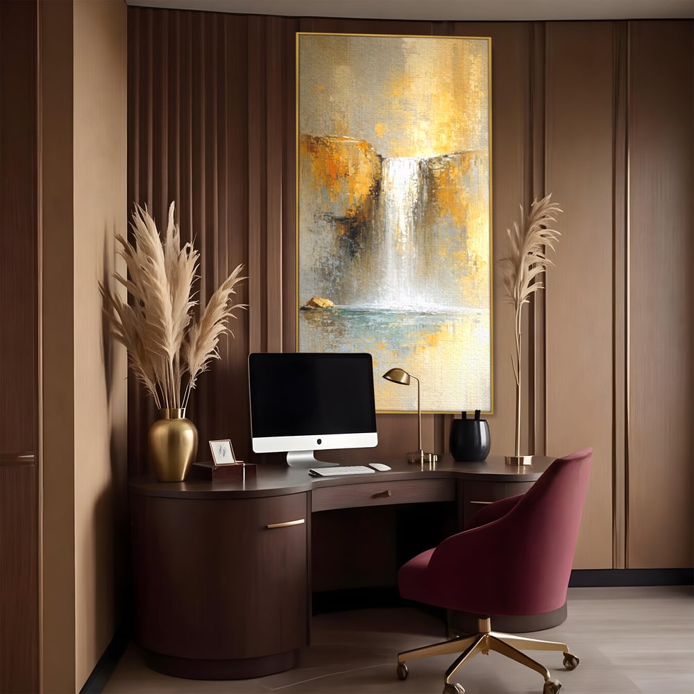 Tablou Canvas Premium, LuxCanva® C1311, Rugaciunea Apei, Culori, Abstract, Auriu, Cadere, Curgere, Cascada, Gold, Purificare, Ritual, Energie, Natura, Contemplare, Visare, Birou, Living, Dormitor