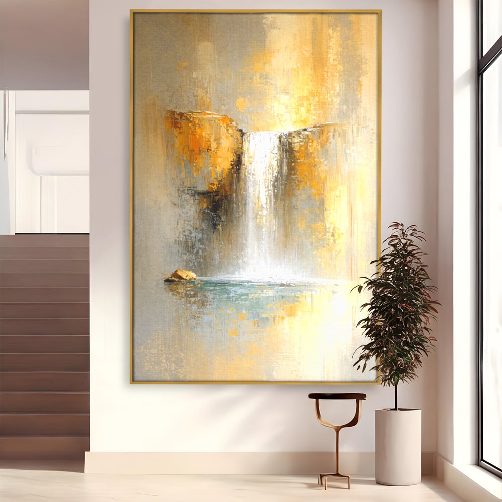 Tablou Canvas Premium, LuxCanva® C1311, Rugaciunea Apei, Culori, Abstract, Auriu, Cadere, Curgere, Cascada, Gold, Purificare, Ritual, Energie, Natura, Contemplare, Visare, Birou, Living, Dormitor