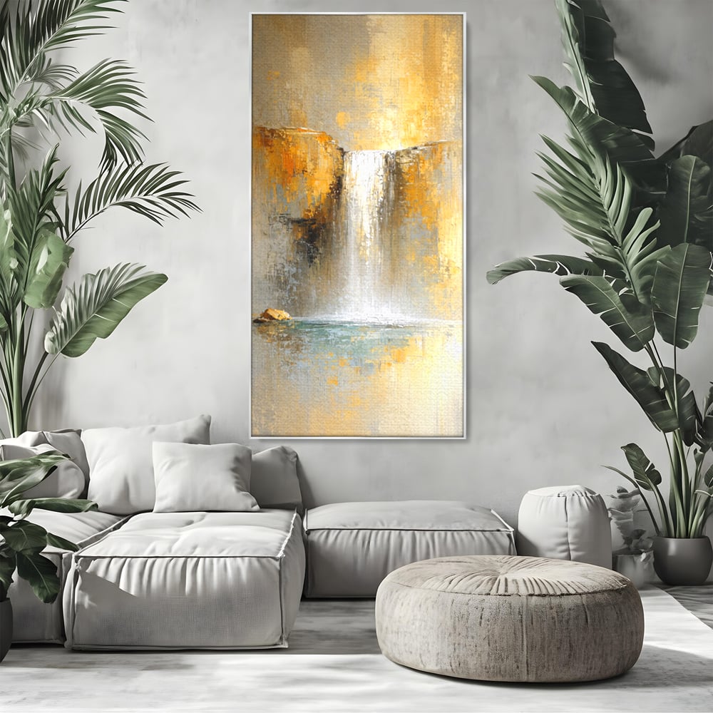 Tablou Canvas Premium, LuxCanva® C1311, Rugaciunea Apei, Culori, Abstract, Auriu, Cadere, Curgere, Cascada, Gold, Purificare, Ritual, Energie, Natura, Contemplare, Visare, Birou, Living, Dormitor