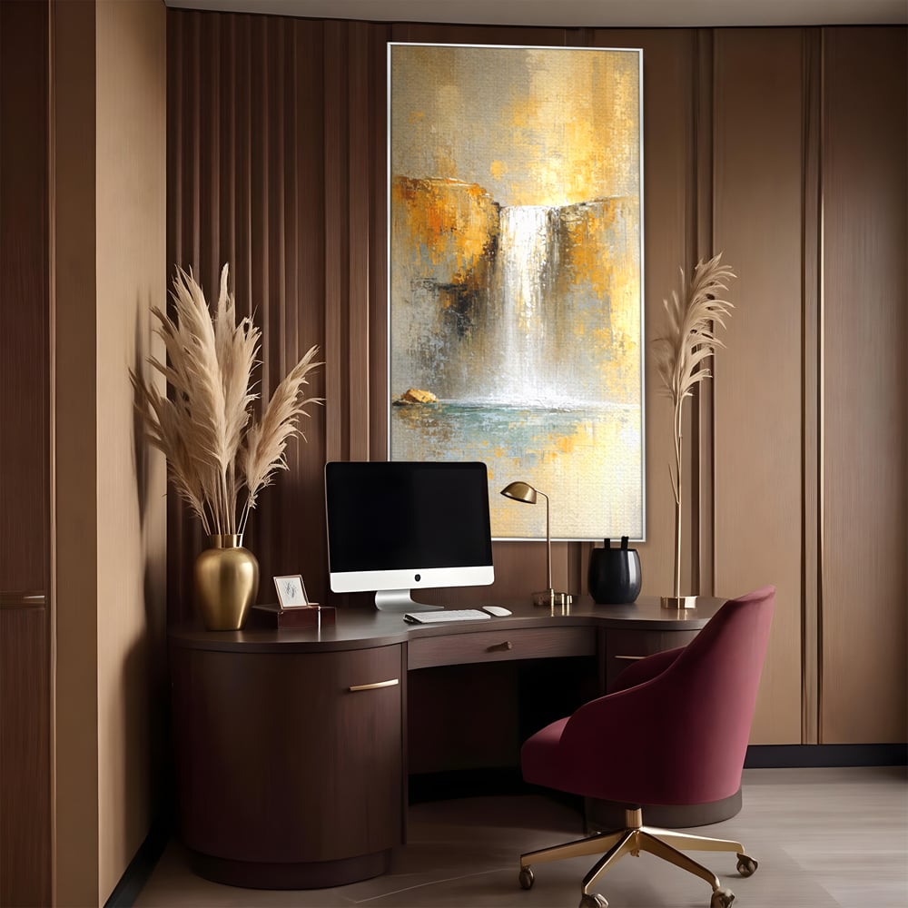 Tablou Canvas Premium, LuxCanva® C1311, Rugaciunea Apei, Culori, Abstract, Auriu, Cadere, Curgere, Cascada, Gold, Purificare, Ritual, Energie, Natura, Contemplare, Visare, Birou, Living, Dormitor