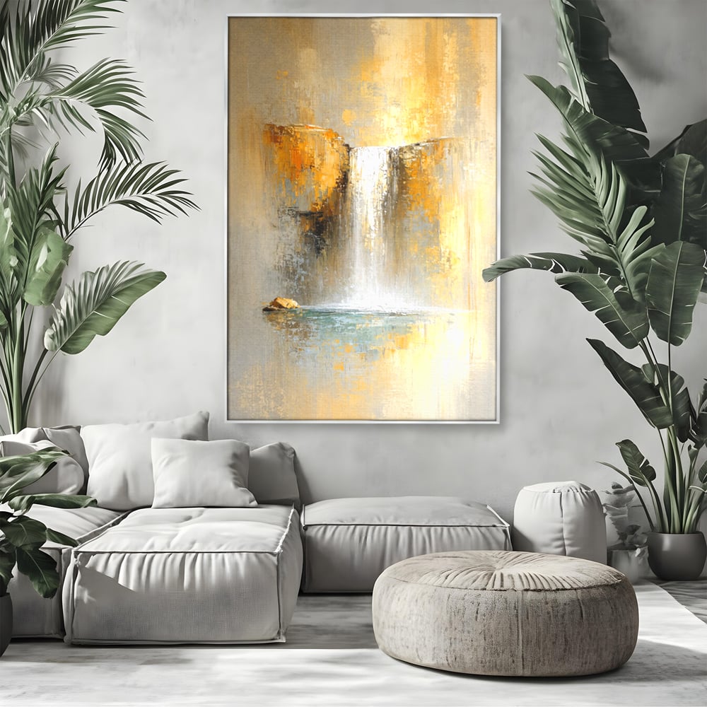Tablou Canvas Premium, LuxCanva® C1311, Rugaciunea Apei, Culori, Abstract, Auriu, Cadere, Curgere, Cascada, Gold, Purificare, Ritual, Energie, Natura, Contemplare, Visare, Birou, Living, Dormitor
