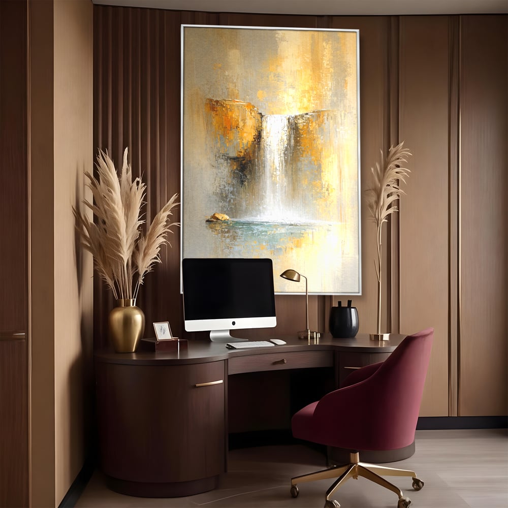 Tablou Canvas Premium, LuxCanva® C1311, Rugaciunea Apei, Culori, Abstract, Auriu, Cadere, Curgere, Cascada, Gold, Purificare, Ritual, Energie, Natura, Contemplare, Visare, Birou, Living, Dormitor